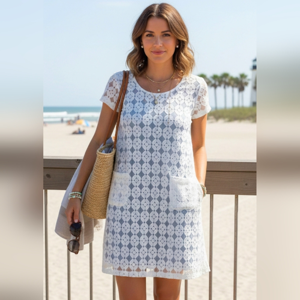 Costa Blanca White Lace Overlay Shift Dress, Coastal Boho Mini Dress, Size XL
